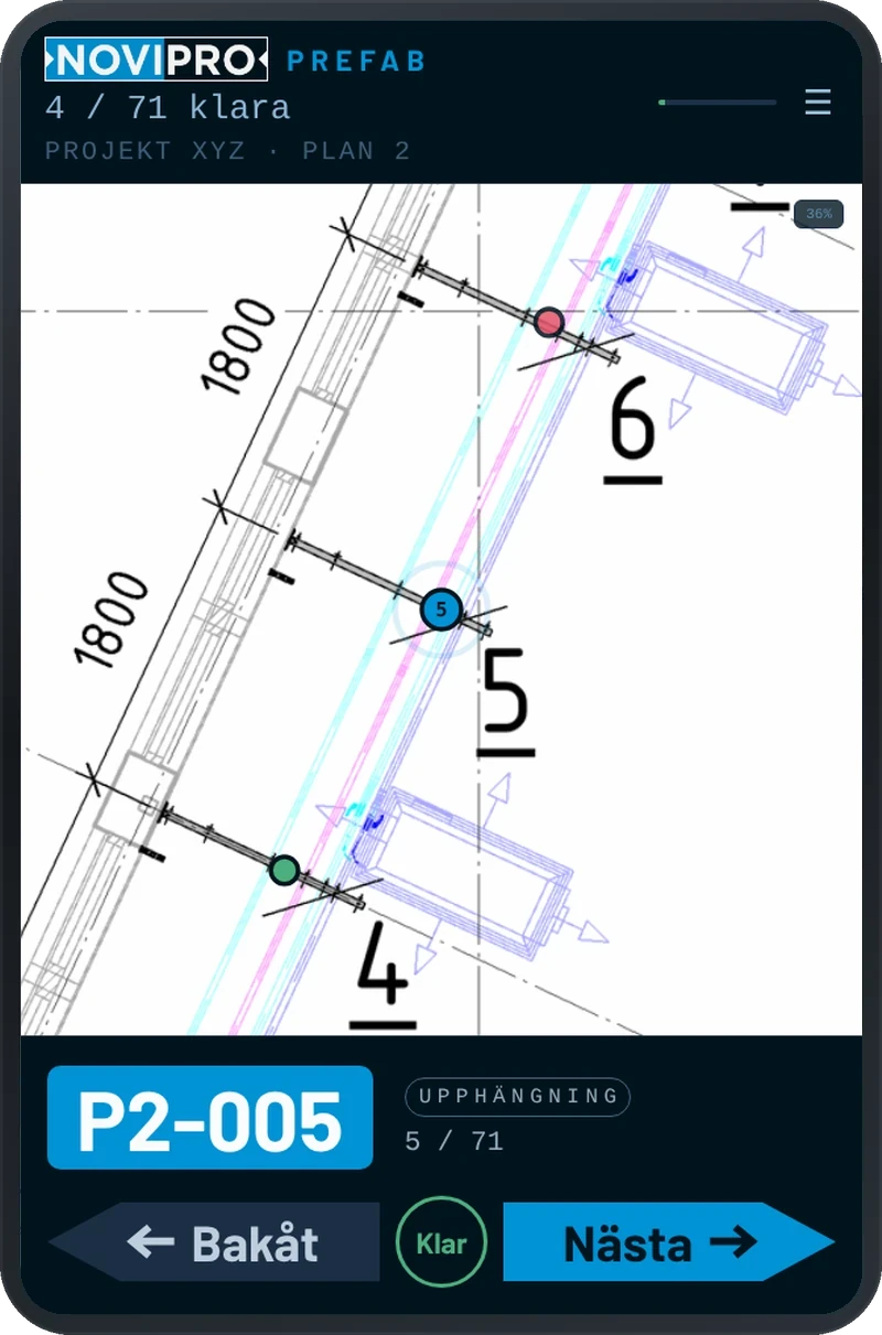 Montageguiden på en läsplatta: planritning med SmartHanger P2-005 markerad och knapparna Bakåt, Klar och Nästa